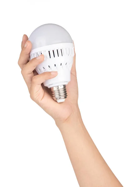 Tecnologia della lampadina a LED tenuta a mano isolata su backgro bianco — Foto Stock