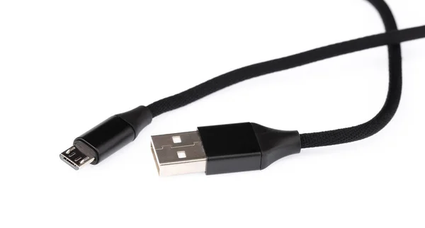 白色背景下隔离的智能手机用黑色USB电缆. — 图库照片