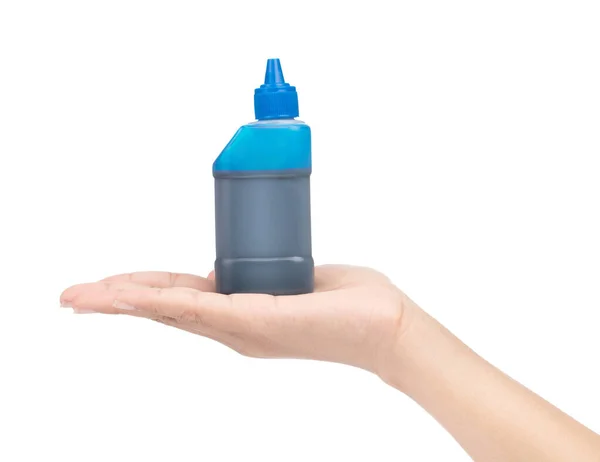 Hand holding Ink Bottle for Printer isolated on White Background — 스톡 사진