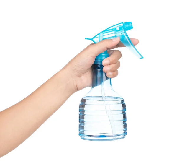 Hand vasthouden blauwe fles kan spray Pistol. Voorwerp geïsoleerd op — Stockfoto