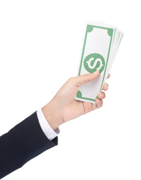 Businessman holding Money Cash Dollars in hands isolated on whit — ストック写真