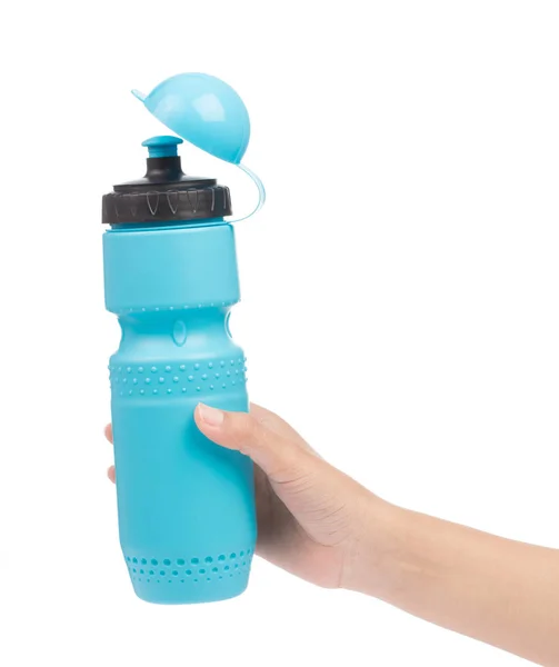 Χέρι κρατώντας πλαστικό μπουκάλι νερό σπορ απομονώνονται σε λευκό backgr — Φωτογραφία Αρχείου