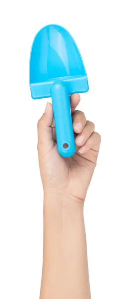 Kézfogás Toy műanyag kék lapát elszigetelt fehér hát — Stock Fotó