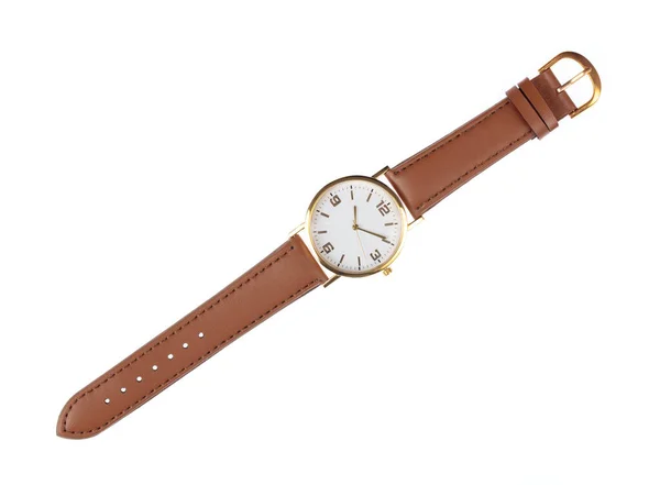 Náramkové hodinky s koženým řemínkem izolované na bílém pozadí — Stock fotografie