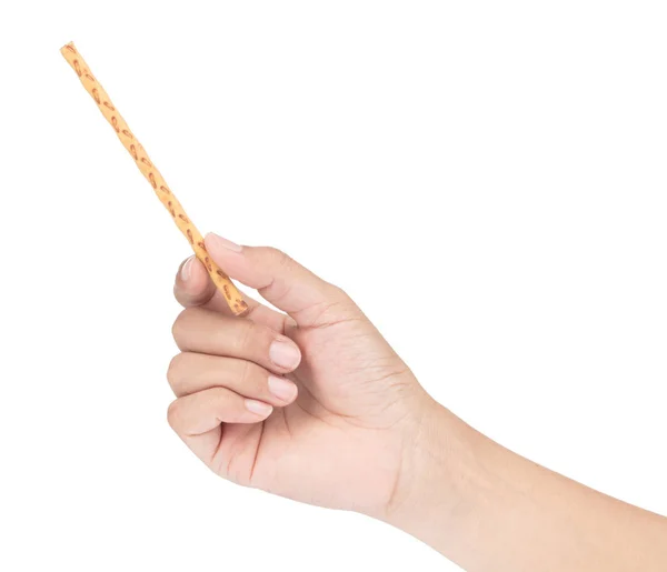 Hand holding salty cracker sticks isolated on white background — Stockfoto