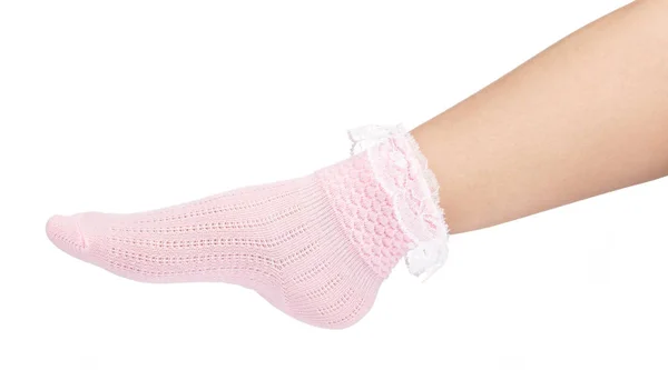 Cotton sock with lace on beautiful woman's feet isolated on whit — Stock Photo, Image