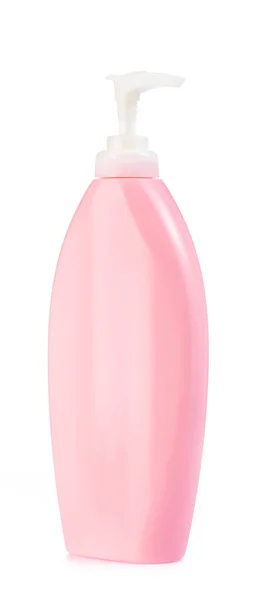 Botol plastik merah muda dengan pompa terisolasi pada latar belakang putih — Stok Foto