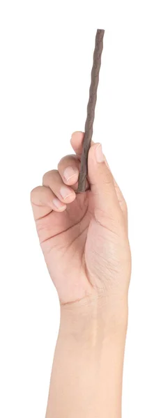 Tangan memegang cokelat tongkat kerupuk terisolasi pada backg putih — Stok Foto