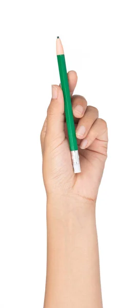 Beyaz bir arkaplanda yeşil kalemi tutan el. — Stok fotoğraf