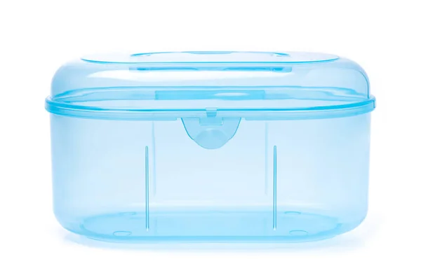 Caixa vazia redonda plástica azul do recipiente vazio isolada no branco B — Fotografia de Stock