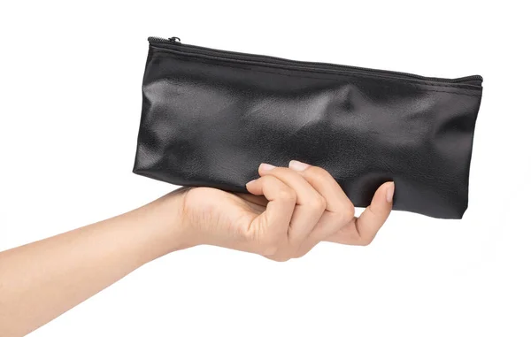 Hand holding black leather wallet isolated on white background — 스톡 사진