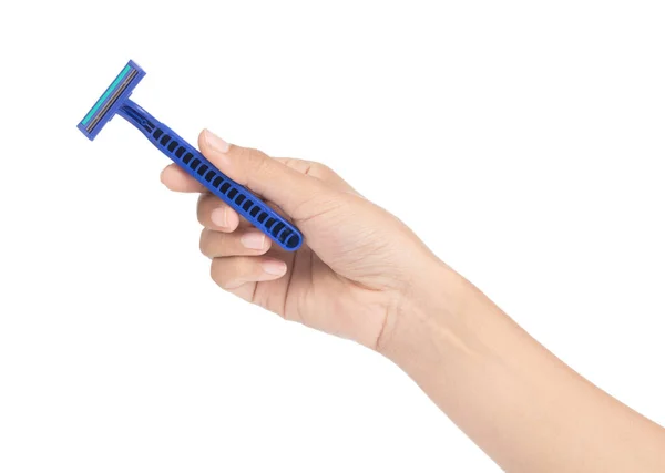 Hand holding Blue of shaving razor isolated on white background — Stockfoto