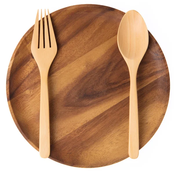 Empty wooden plate with spoon and fork isolated on white backgro — 스톡 사진