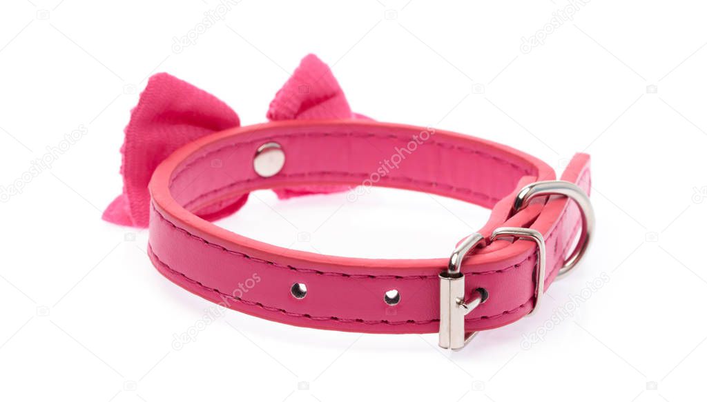Pink pet collar with polka dots and bow tie isolated over white 