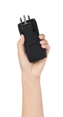 Hand holding Black of camera strap isolated on a white backgroun