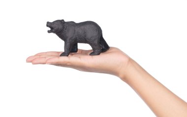 hand holding plastic toy bear isolated on white background
