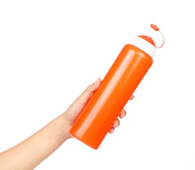 hand holding a bottle of Chilli sauce isolated on white backgrou