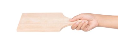 hand holding Pizza board isolated on white background