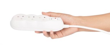 Hand holding Plug socket electric power bar three outlet  isolat