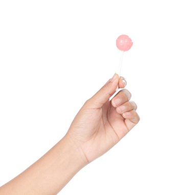 hand holding lollipop candy isolated on white background