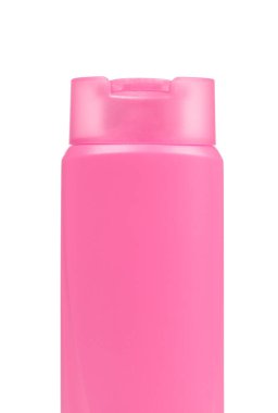 Beyaz arka planda izole edilmiş pembe plastik şampuan şişesi.