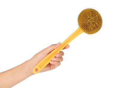 hand holding Kitchen scrub brush Steel wire isolated on a white 