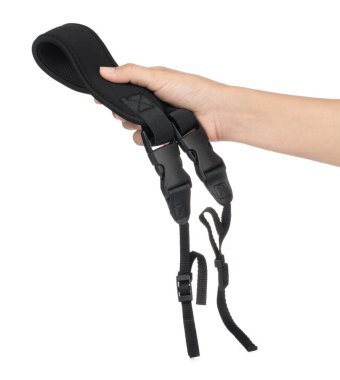 Hand holding Black of camera strap isolated on a white backgroun
