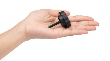 hand holding plastic fasteners screws isolated on white backgrou