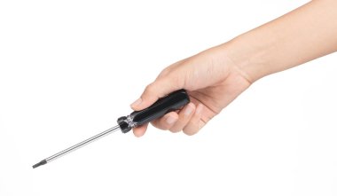 hand holding black screwdriver isolated on white background