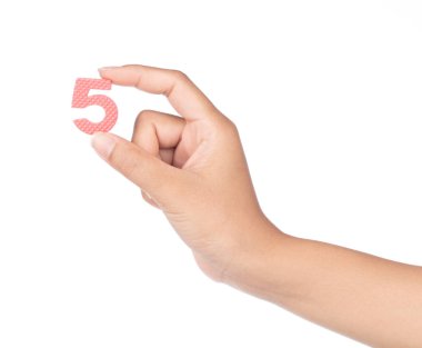 hand holding number made from EVA foam isolated on white backgro