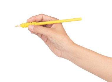 Hand writing with a yellow colored pencils isolated on white bac