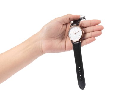 hand holding Wrist Watch isolated on white background