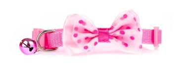 Pink pet collar with polka dots and bow tie isolated on white ba