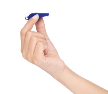 hand holding blue whistle isolated on white background