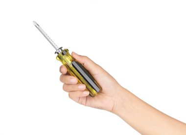 hand holding Yellow and black handled screwdriver isolated on wh