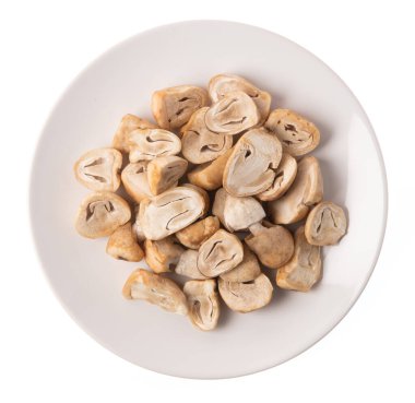 slice of mushroom on dish isolated on white background