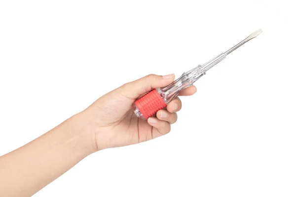 Mână care deține șurubelniță tester electric roșu izolat pe alb — Fotografie, imagine de stoc