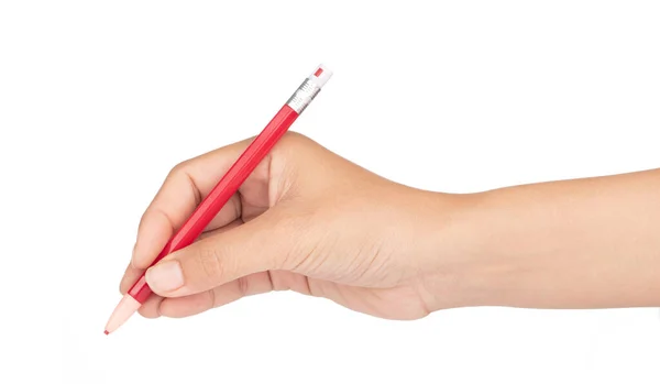 Рука тримає червоний олівець ізольовано на білому тлі — стокове фото