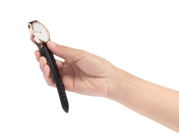 Handhaltung Armbanduhr isoliert auf weißem Hintergrund — Stockfoto