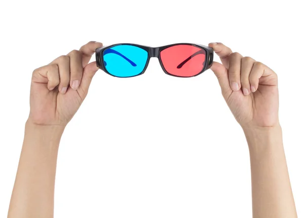 Mão segurando óculos 3d isolados em um fundo branco — Fotografia de Stock