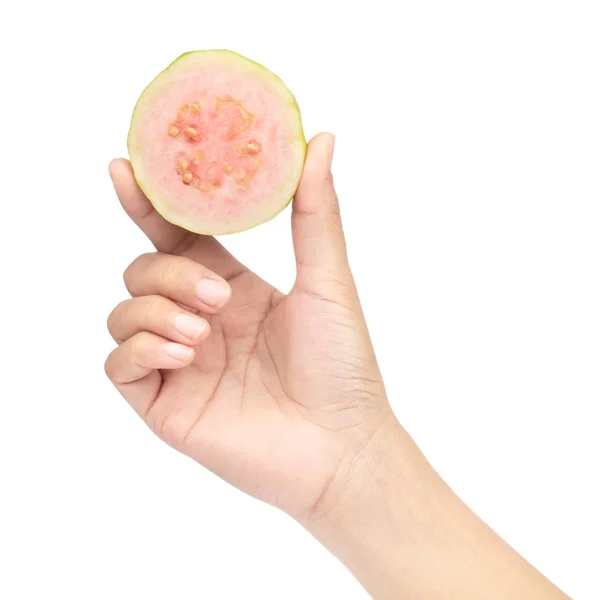 Kézi gazdaság Guava gyümölcs szelet elszigetelt fehér alapon — Stock Fotó