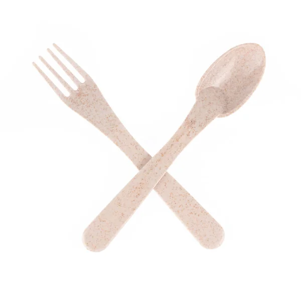 Biodegradable plastic spoon and fork isolated on white backgroun — 스톡 사진