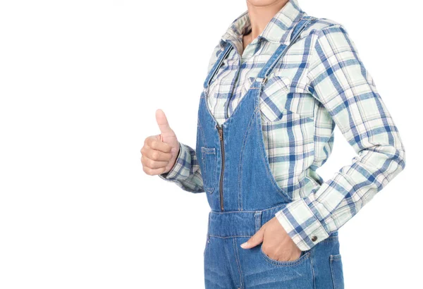 Like! Female young woman in plaid shirt and bib jeans hand showi — Stock Photo, Image