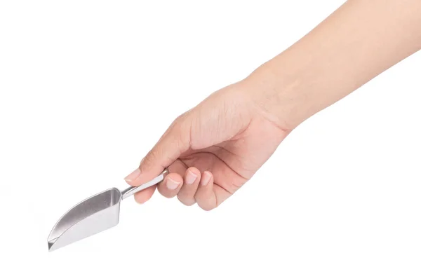 Mână ținând lingura de argint izolată pe fundal alb — Fotografie, imagine de stoc