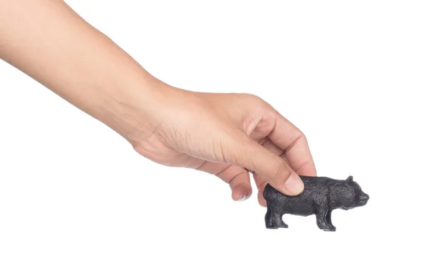 Mão segurando brinquedo plástico Cola ursos isolados no fundo branco — Fotografia de Stock