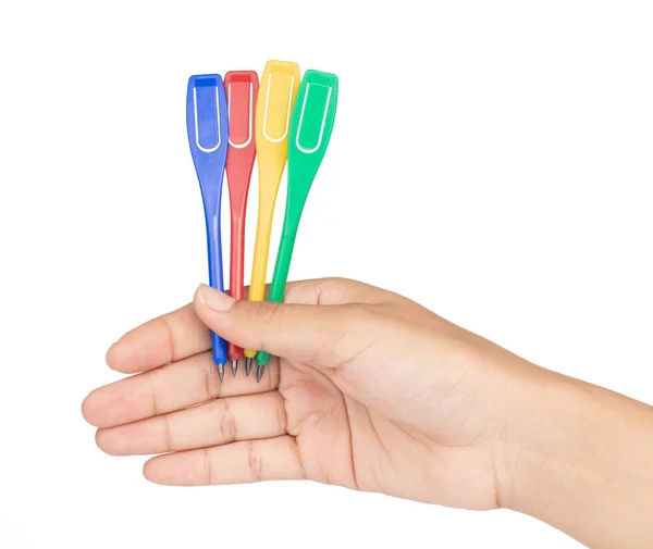 Mão segurando conjunto de lápis isolado em um fundo branco — Fotografia de Stock