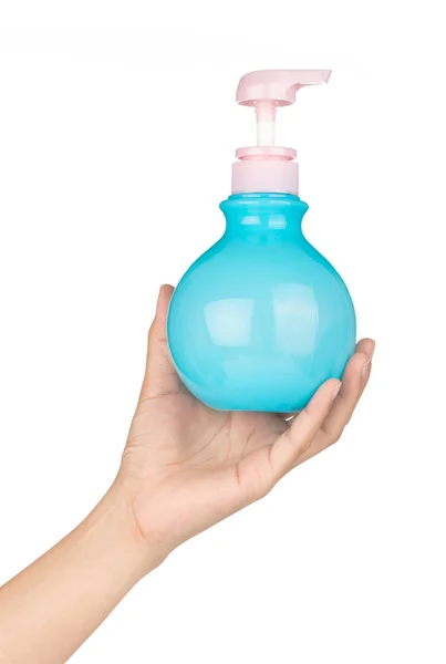 Handtag Blå form cirkulära plastflaskor med pump isola — Stockfoto
