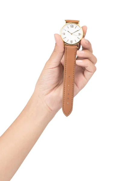 Hand holding wristwatch with leather strap isolated on white bac — Stockfoto