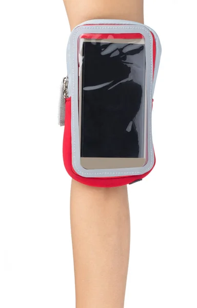 ホワイトバックに隔離されたスマートフォンのための腕章を持つ女性ランナー — ストック写真