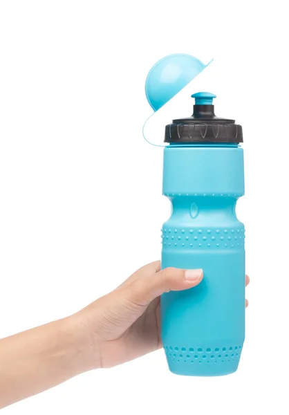 Beyaz sırt çantasına izole edilmiş plastik su şişesi. — Stok fotoğraf